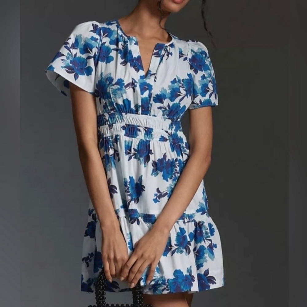 Anthropologie White and Blue Floral Mini Dress